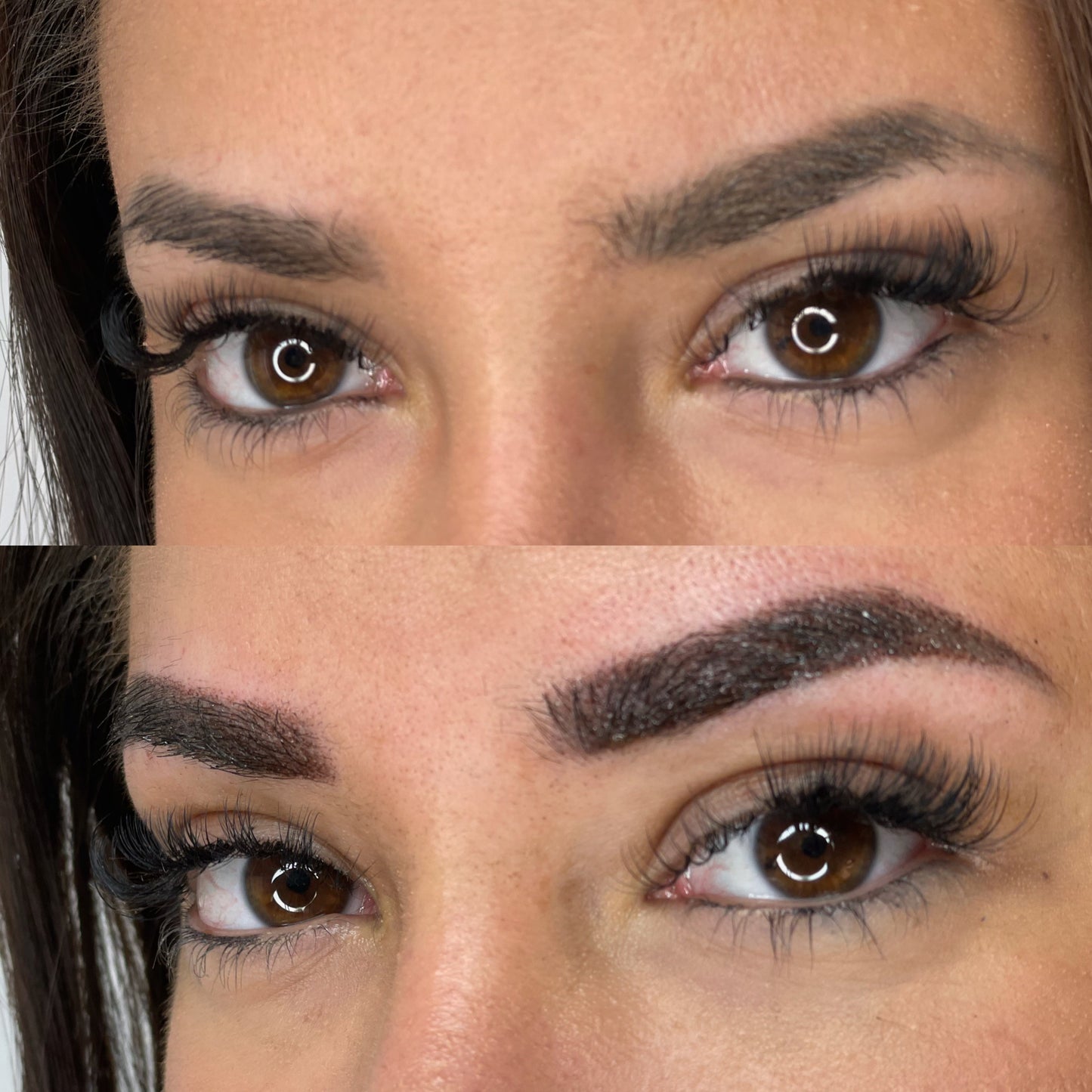 In dem jeweils oberen Bild siehst Du die unbehandelte, beziehungsweise die wieder aufzufrischende Augenbraue. Im unteren Bild siehst Du die aufgefrischte Augenbraue direkt nach der Behandlung.